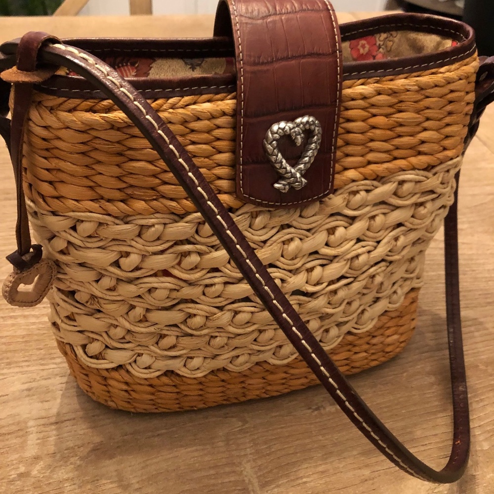 Brighton Sadie Purse Hangbag Bag Woven Tan Heart VGUC Leather Shoulder Spring